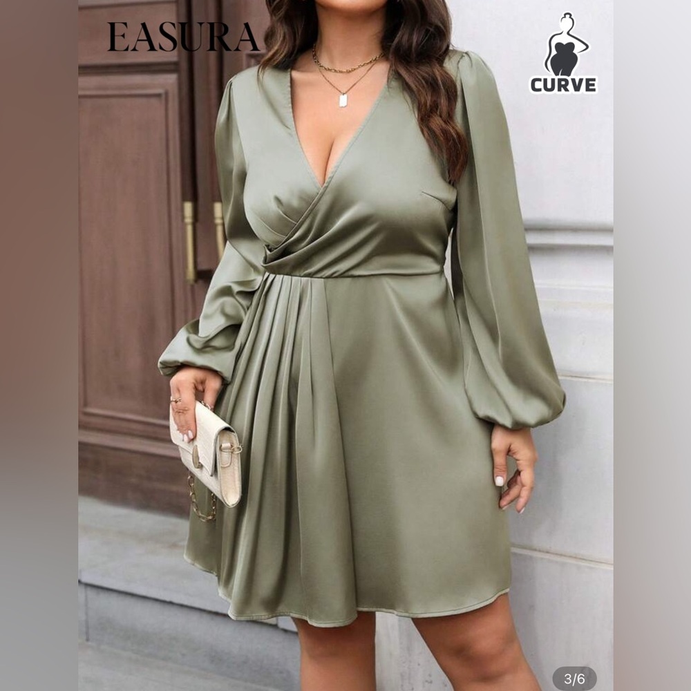 SHEIN Sage Green Long Sleeve Wrap Dress